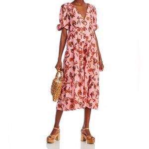 A.L.C. Camela Printed Puff-Sleeve Tiered Midi Dress, Pink Floral, 10